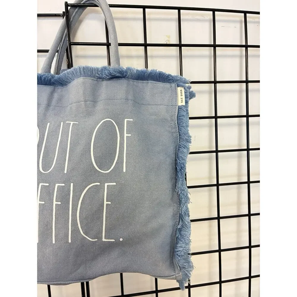 Rae Dunn Out Of Office Tote Bag Light Blue Fringe 16x13x5.5